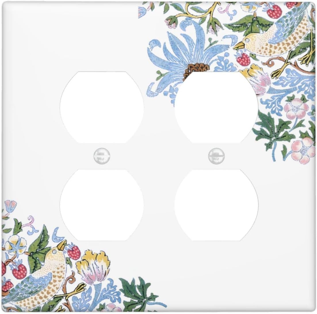 Decorative Outlet Covers Retro Morris Strawberry Rustic Plant Bird 2 Gang Wall Plate Cover Double Duplex Receptacle Two Switch Light Switch Cover Plate Jumbo Dual Faceplate