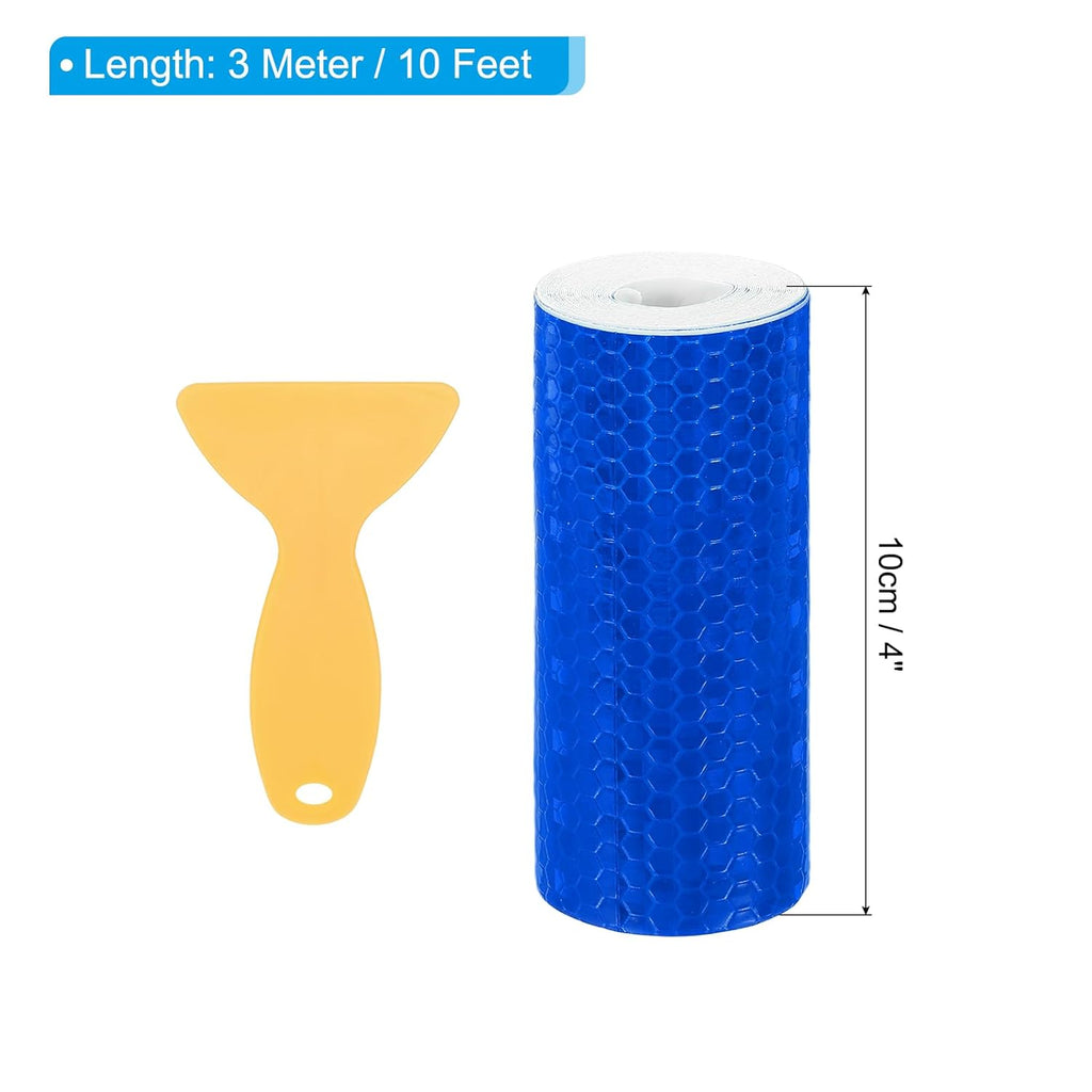 PATIKIL 4 Inch x 10 ft Reflective Tape, 1 Roll Waterproof Self Adhesive High Visibility Caution Warning Safety Tape Reflector with Scraper for Trucks Trailers Cars, Blue