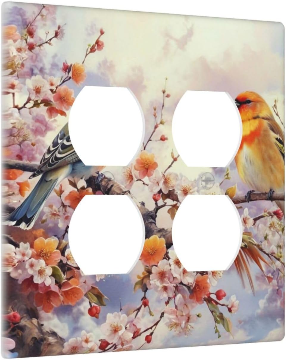 Decorative Outlet Covers Birds Sitting on Tree Branch Pink Flower 2 Gang Wall Plate Double Duplex Light Switch Cover Switch Plate Covers Faceplate for Bedroom Home Decor