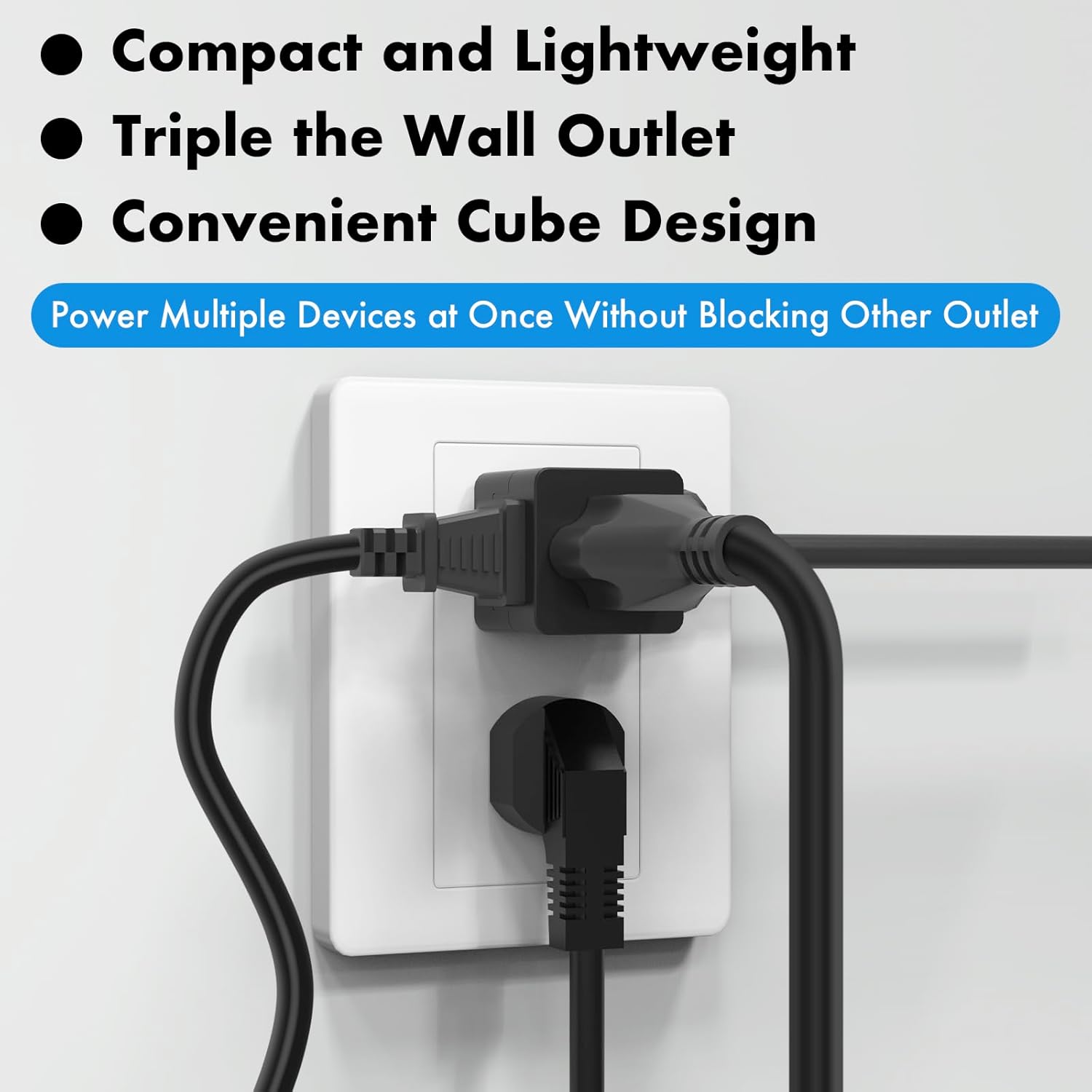 POWERCORDS 3 Power Blocks Outlet Splitter, 3 Pack, Grounded Wall Tap, 3-Prong Plug Adapter AC Multi Plug Wall Outlet, Power Splitter, Cruise Essentials, for Home Office School Dorm, UL Listed,Black