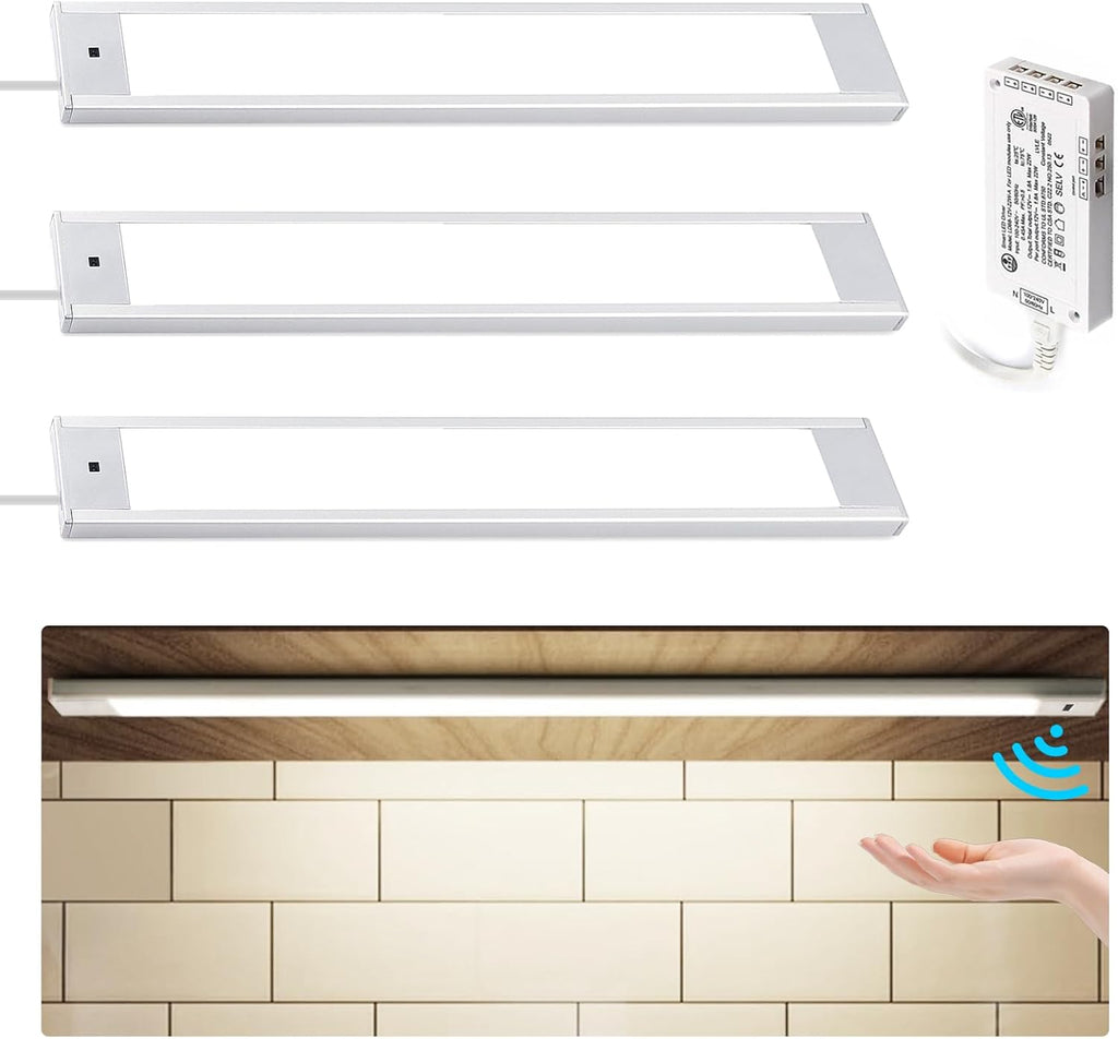 VST Hand Wave Activated Under Cabinet Lights Plug in, Closet Lights, Stepless Dimming Lighting for Kitchen Shelf Cupboard Closet Workbench (12in 3Pack 4000K)