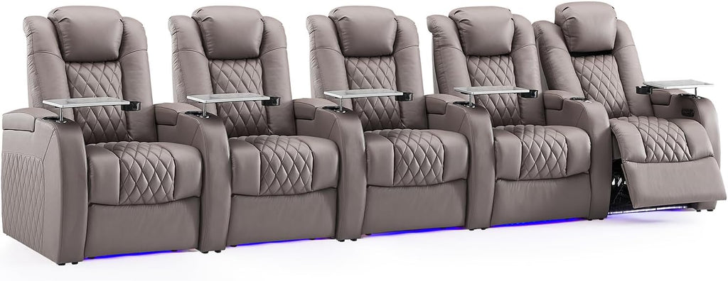 Weilianda Home Theater Seating Top Grain Leather Zero Gravity Recliner Chair Power Headrest Recline Movie Seat Gaming 7 Colors Mood Light Sofa with Tray Table USB Charge Row of 5 Grey
