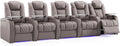 Weilianda Home Theater Seating Top Grain Leather Zero Gravity Recliner Chair Power Headrest Recline Movie Seat Gaming 7 Colors Mood Light Sofa with Tray Table USB Charge Row of 5 Grey