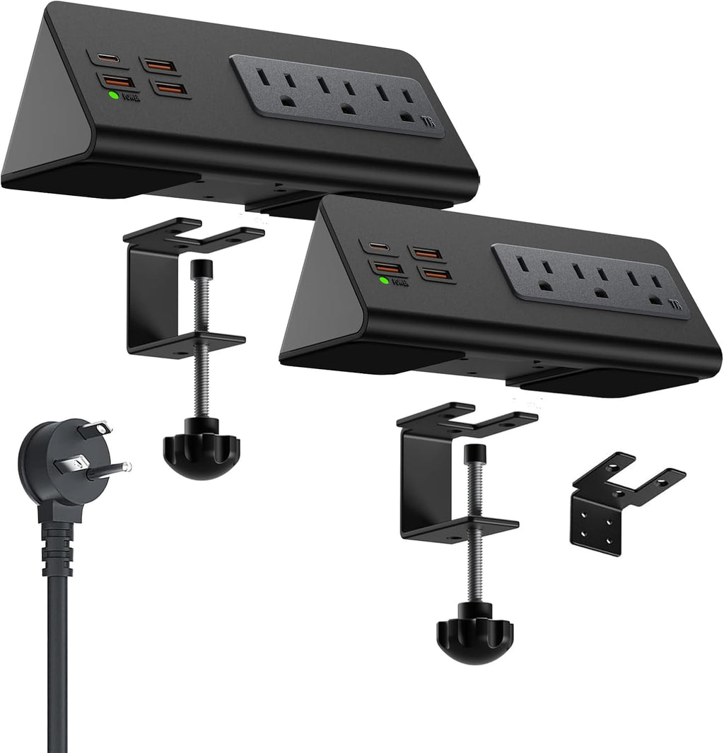 Power charge station edge clamp mount with USB-C portsTabletop Surge Protector Desk Clamp Power Sockets with 3 AC Outlets and 4 Fast Charging USB Ports for Home Office Hotel and Dormitory (Black-2pcs)