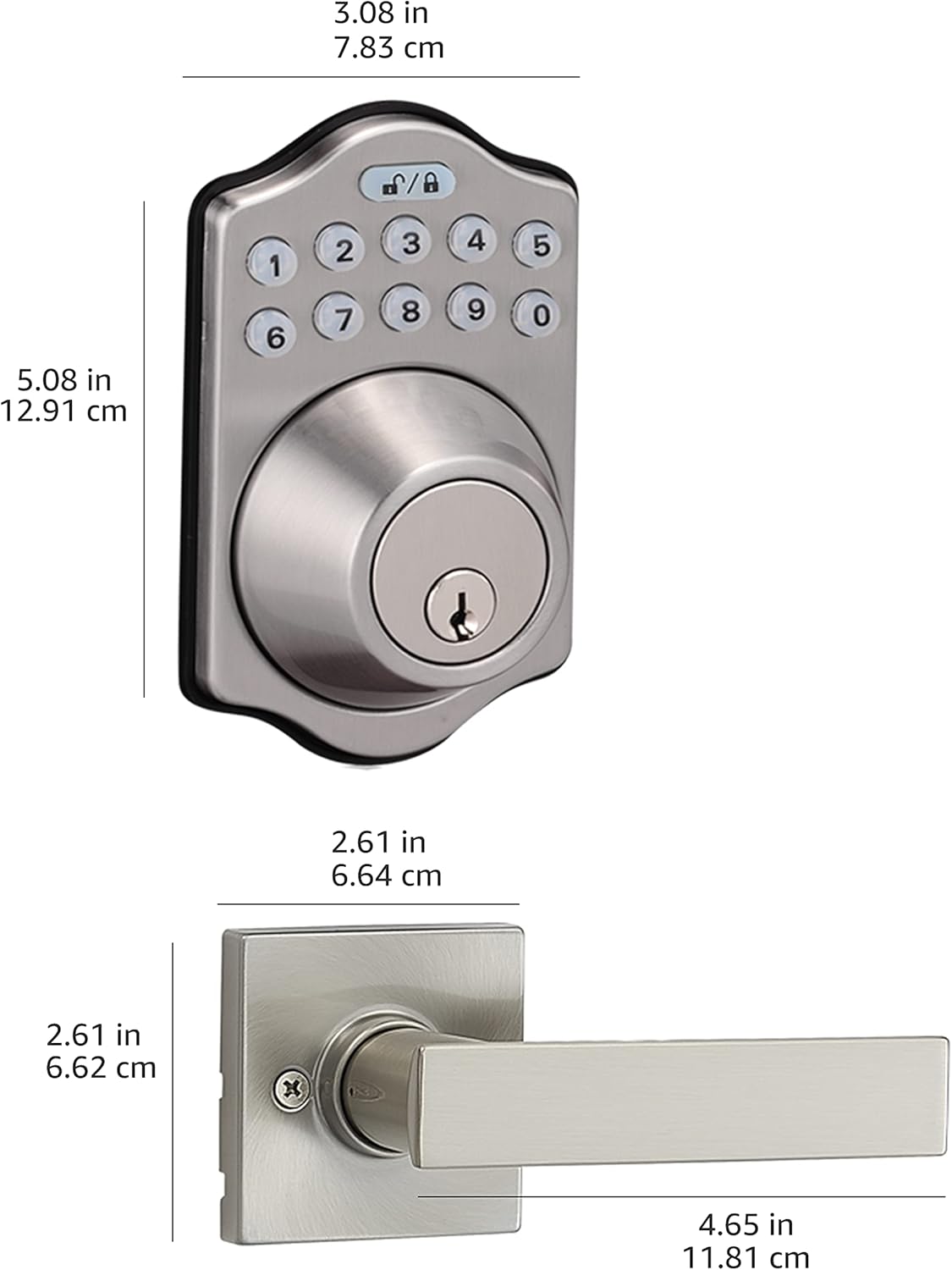 Amazon Basics Traditional Electronic Keypad, Keyless Entry Door Lock Deadbolt with Handle Set, Key Pad Front Door with Knob, Traditional Door Locks for Front Door, Door Handle, Satin Nickel, 6-Pack