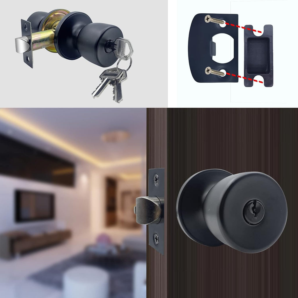 JO.KO 2 Pack Door Knob with Lock and Key, Round Ball Lock Interior/Exterior Door Knob for Bedroom Or Bathroom/Entry Door Handle (Matte Black 2Pack)
