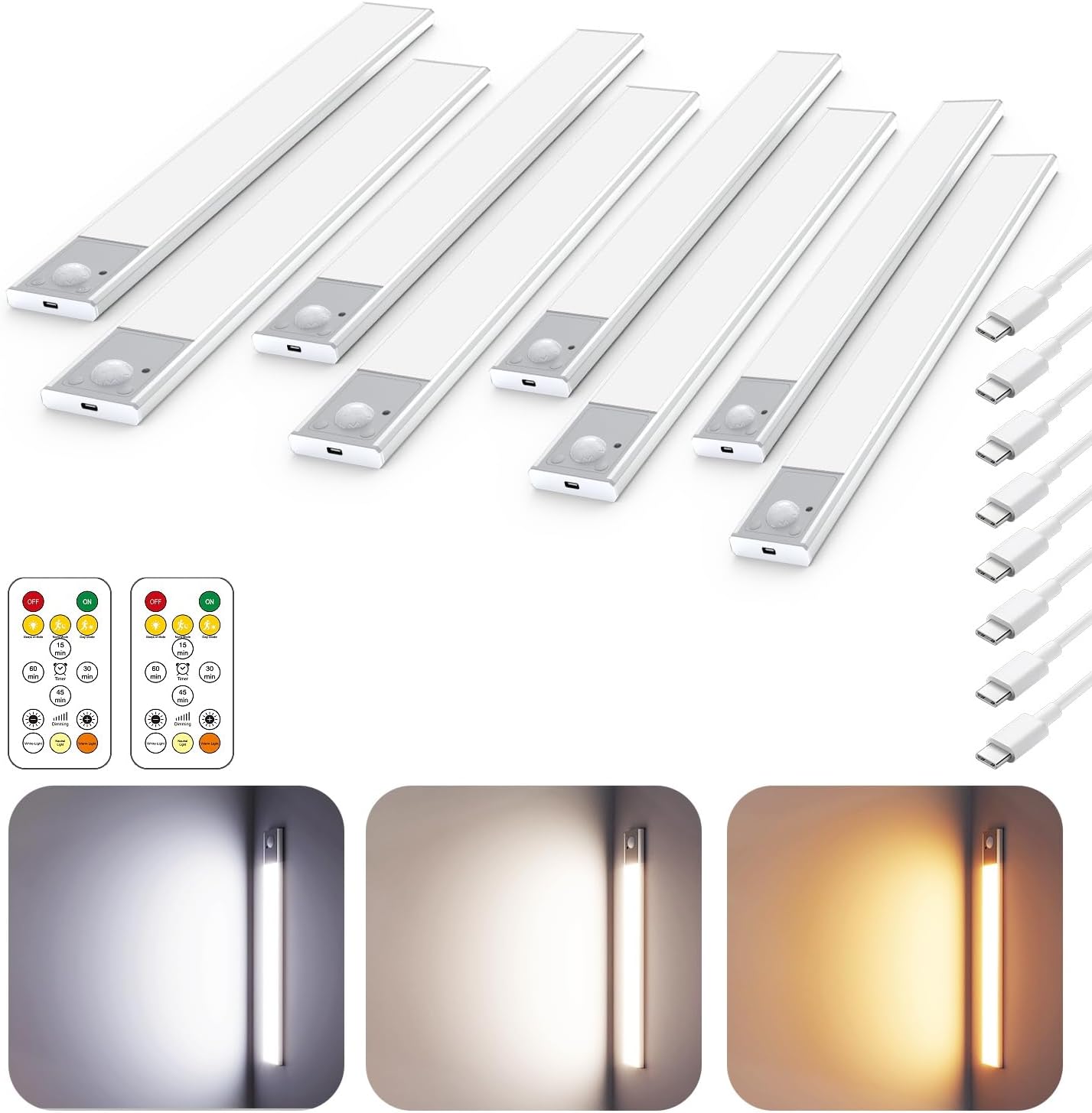 12" Ultra-Thin Under Cabinet Lighting Wireless, Aluminum Alloy Under Counter Lights for Kitchen, 3-Color-Temps Magnetic Closet Lights, Rechargeable Motion Sensor Light Indoor (8 Pack, Silver)