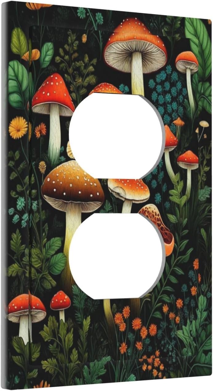 Decorative Outlet Covers Boho Red Mushroom Green Leaf Plants Floral 1 Gang Wall Plate Receptacle Duplex Light Switch Cover Plate Single Dual Plug Covers Electrical Switchplate Faceplate
