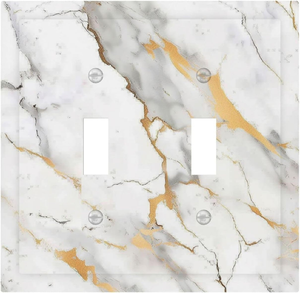 Decorative Switch Plates Marbling Style White Background Gold Gray Stripes 2 Gang Double Toggle Outlet Light Switch Cover Wall Plate Electrical Faceplate For Bathroom Kitchen Decor