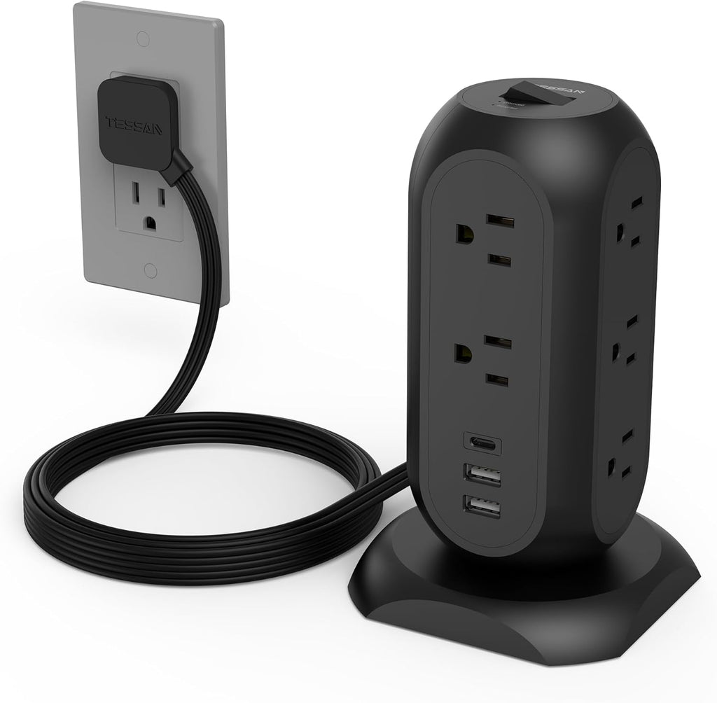 TESSAN Surge Protector Power Strip Tower with 3 USB Ports 11 Outlets, 1625W/13A, Black Extension Cord 6 Feet, 1050J Protection Desktop Charging Station for Office School Dorm Room Essentials