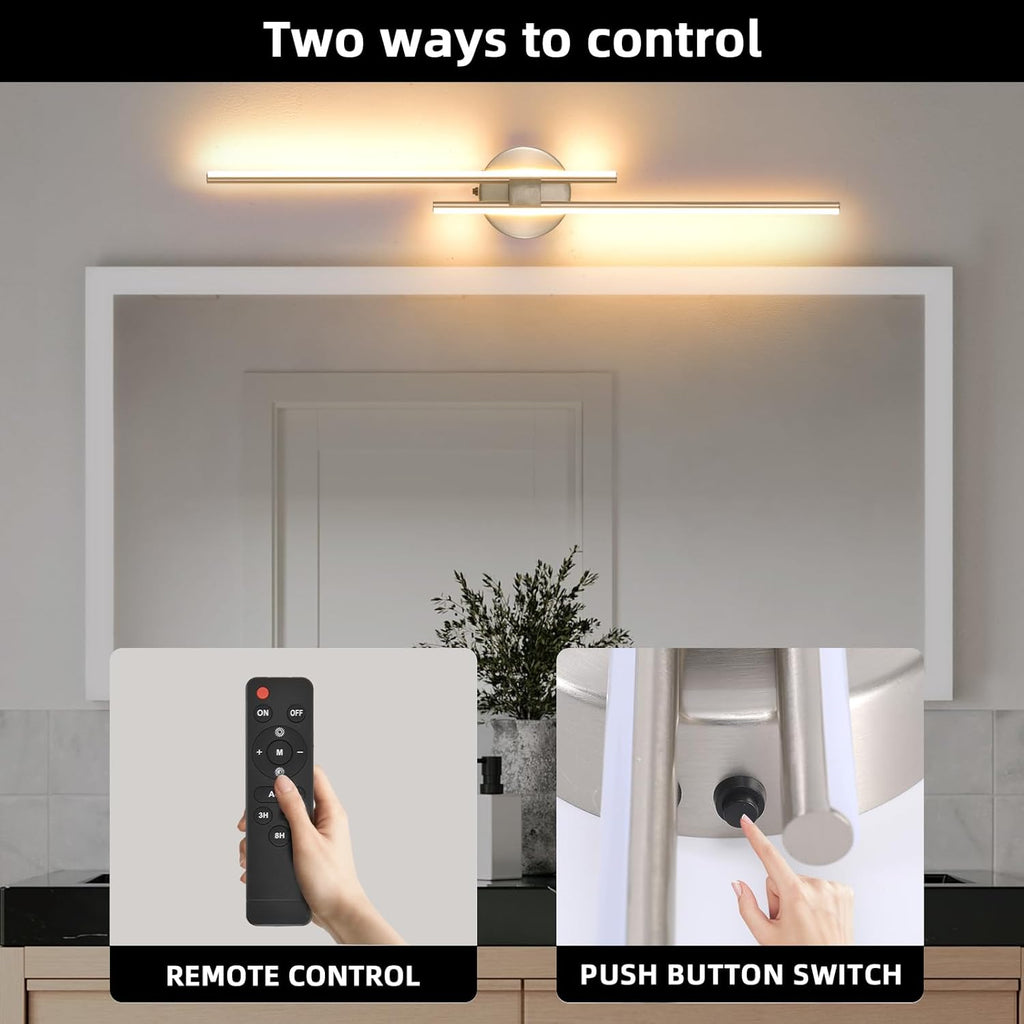Battery Operated Wall Sconce set of 2, USB Rechargeable Wireless Sconces with Remote Control, LED Dimming Wall Lamp 3 Color/Timer/Memory, 31.4 Inch Brushed Nickel Wall Lights for Bedroom Living Room
