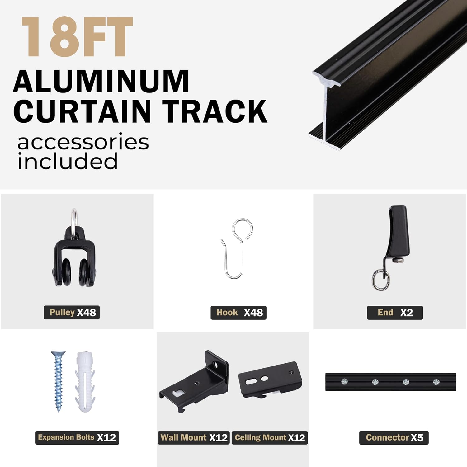Aluminum Ceiling Curtain Track Set with Hooks Ceiling Mount and Wall Mount Room Divider Sliding Curtain Tracks Rods Flexible Heavy Duty Curtain Rail Hook Sets,Black,18FT