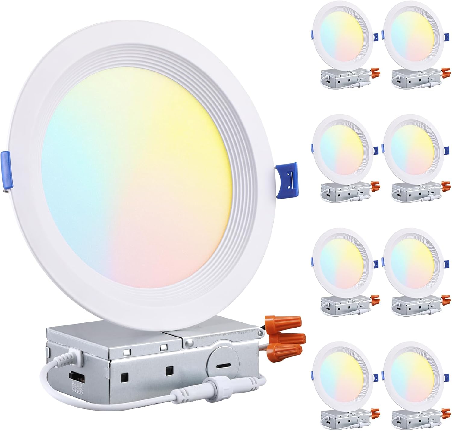 TORCHSTAR 8-Pack 5CCT 6 Inch Slim LED Recessed Lighting with J Box, Anti-Glare Baffle Trim, 12W 1000LM, Aluminum CRI90 Dimmable Ceiling Downlight, Air Tight & IC Rated, 2700K3000K3500K4000K5000K, ETL