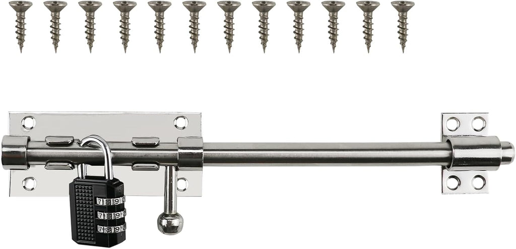 Sliding Bolt Door Latch, 201 Stainless Steel Barrel Bolt Lock, 30mm Combo Padlock Included, Heavy Duty Slide Gate Latch with 12 Screws, Silver Finish