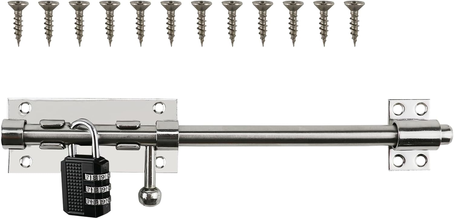 Sliding Bolt Door Latch, 201 Stainless Steel Barrel Bolt Lock, 30mm Combo Padlock Included, Heavy Duty Slide Gate Latch with 12 Screws, Silver Finish