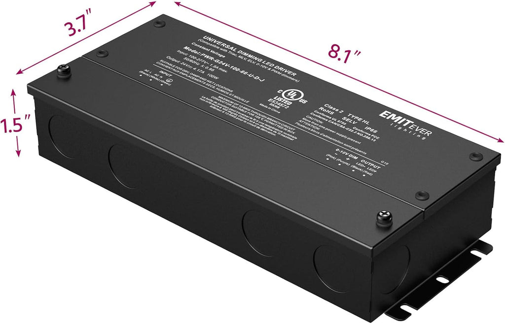 EMITEVER Dimmable Led Driver, 100W AC 100V-277V to DC 24V Transformer, 5-in-1 Dimming: ELV/MLV/TRIAC / 0-10V / 1-10V / 10V PWM/Potentiometer, Waterproof IP67 and UL Listed