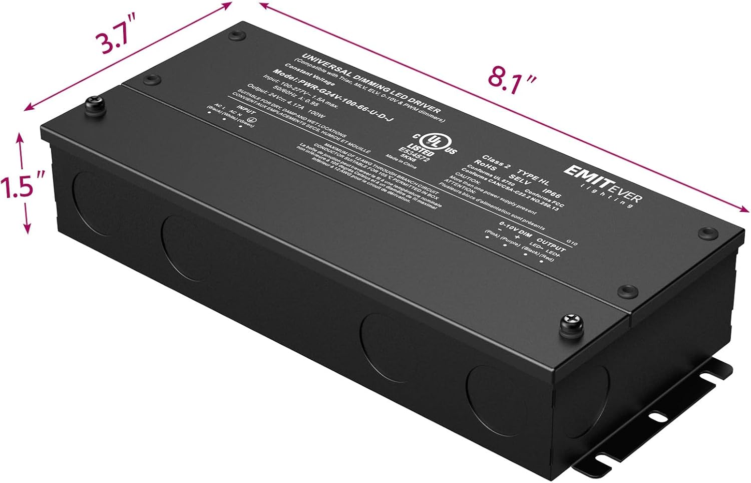 EMITEVER Dimmable Led Driver, 100W AC 100V-277V to DC 24V Transformer, 5-in-1 Dimming: ELV/MLV/TRIAC / 0-10V / 1-10V / 10V PWM/Potentiometer, Waterproof IP67 and UL Listed