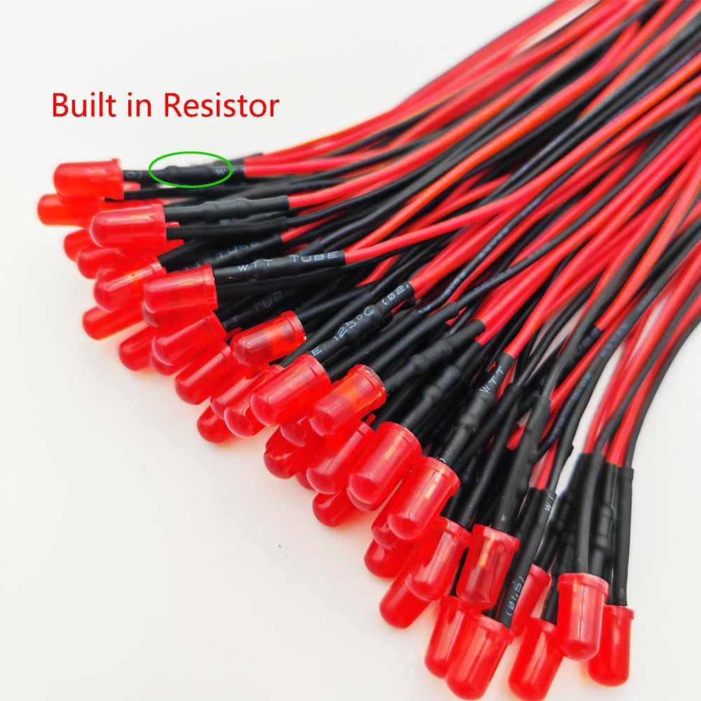 50pcs 3V-4.5V-5V-6V-7.5V-9V-12VDC 5mm Red LED Lights Emitting Diodes, 12VDC Prewired 7.9 Inch V LED Light Diffused Colored Lens Small LED