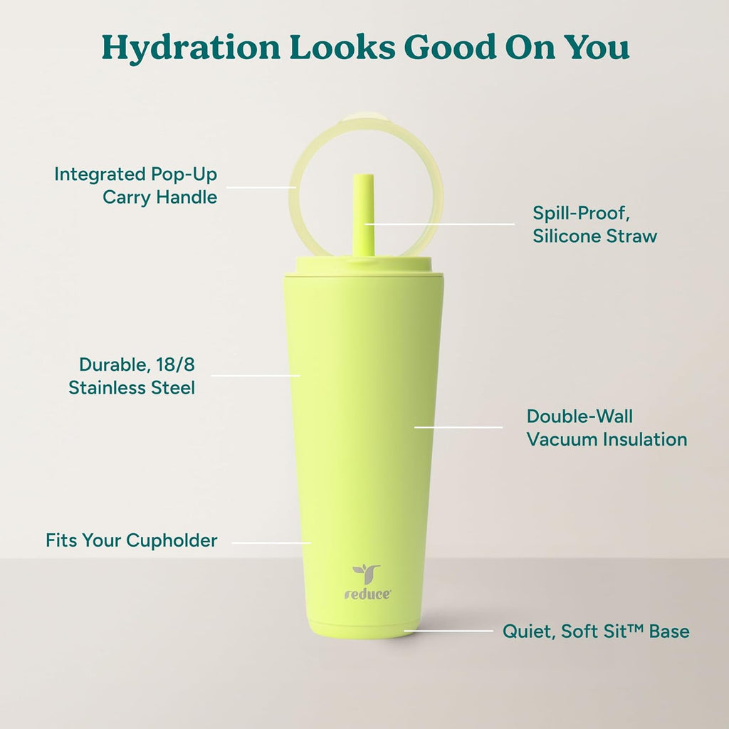 REDUCE Halo 32 oz Stainless Steel Vacuum Insulated Tumbler - Spill Proof Travel Mug with Flip Handle Lid - Keeps Drinks Cold for 32 Hrs - Dishwasher Safe - Cupholder Friendly - Mojito