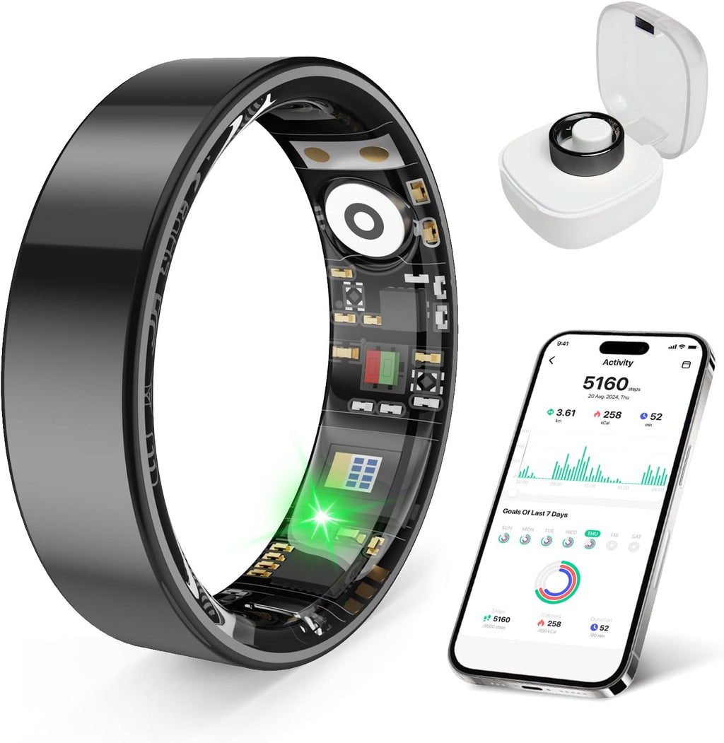 Smart Health Ring, Featuring Stress and Sleep Monitoring Functions, Compatible with iOS and Android, Waterproof Fitness Tracker for Women & Men, No Subscription Fee. (Black, 7)