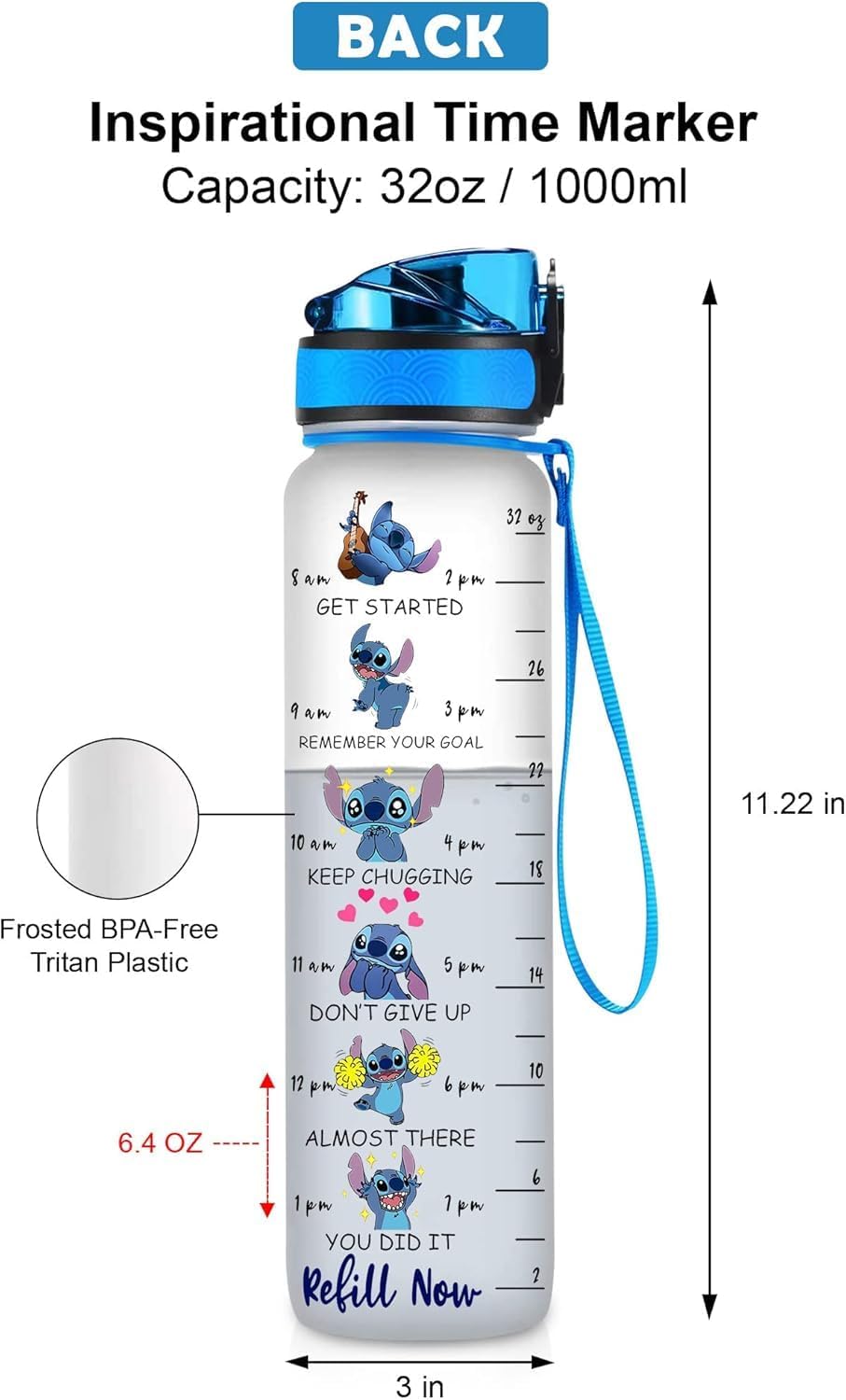BAIG Blue Alien 32 Oz Water Track Bottle, Stop Slacking Drink Your Water Water Bottle With Time Marker, Alien Motivational Insulated Water Bottle, Gifts For Cute Alien Lovers
