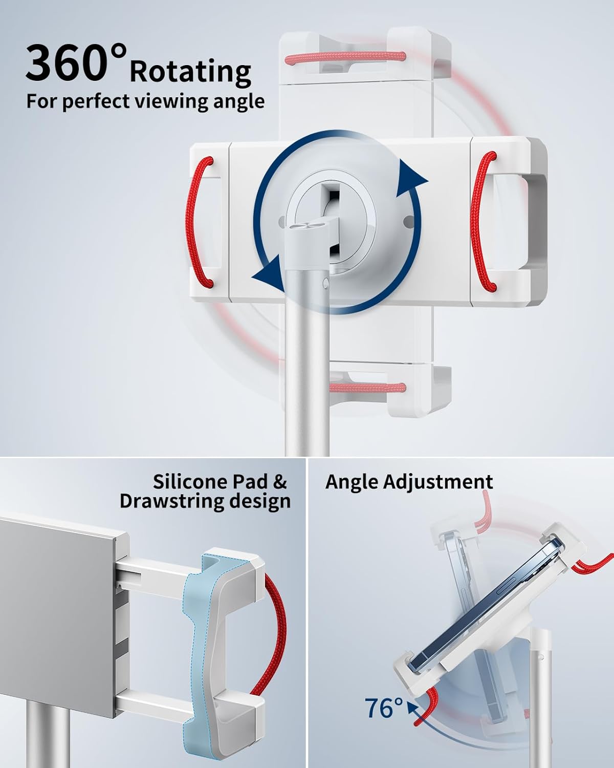 SAIJI Tablet Stand Holder, Extra-Height Adjustable Kindle Stand, 360 Degree Rotating iPad Holder, Aluminum Alloy Cradle Mount Dock for 4.7"-15.6" iPhone, Samsung, Tablets, Portable Monitor (Silver)