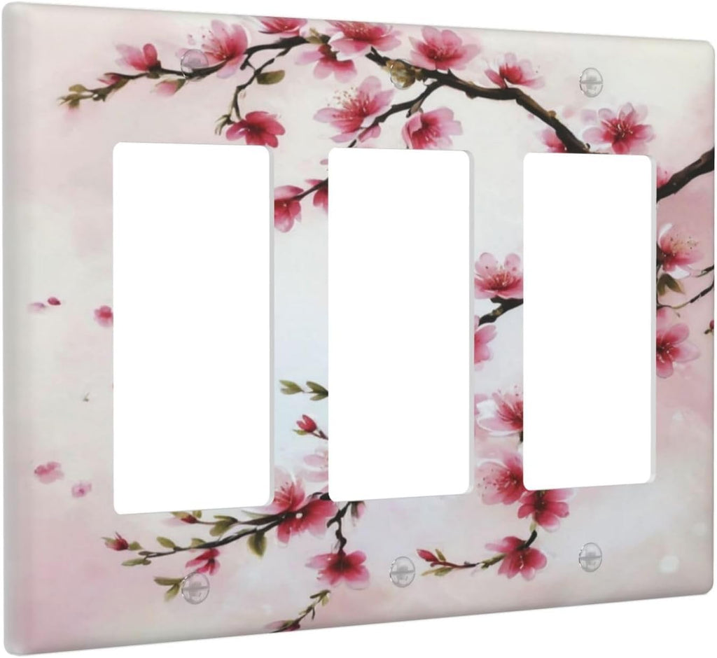 Branch with Pink Flowers 3 Gang Rocker Triple Outlet Wall Plate Decorative Switchplate Cover Faceplate GFCI Light Switch Covers for Farmhouse Living Decor