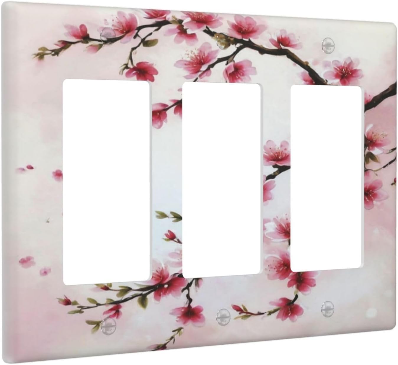 Branch with Pink Flowers 3 Gang Rocker Triple Outlet Wall Plate Decorative Switchplate Cover Faceplate GFCI Light Switch Covers for Farmhouse Living Decor