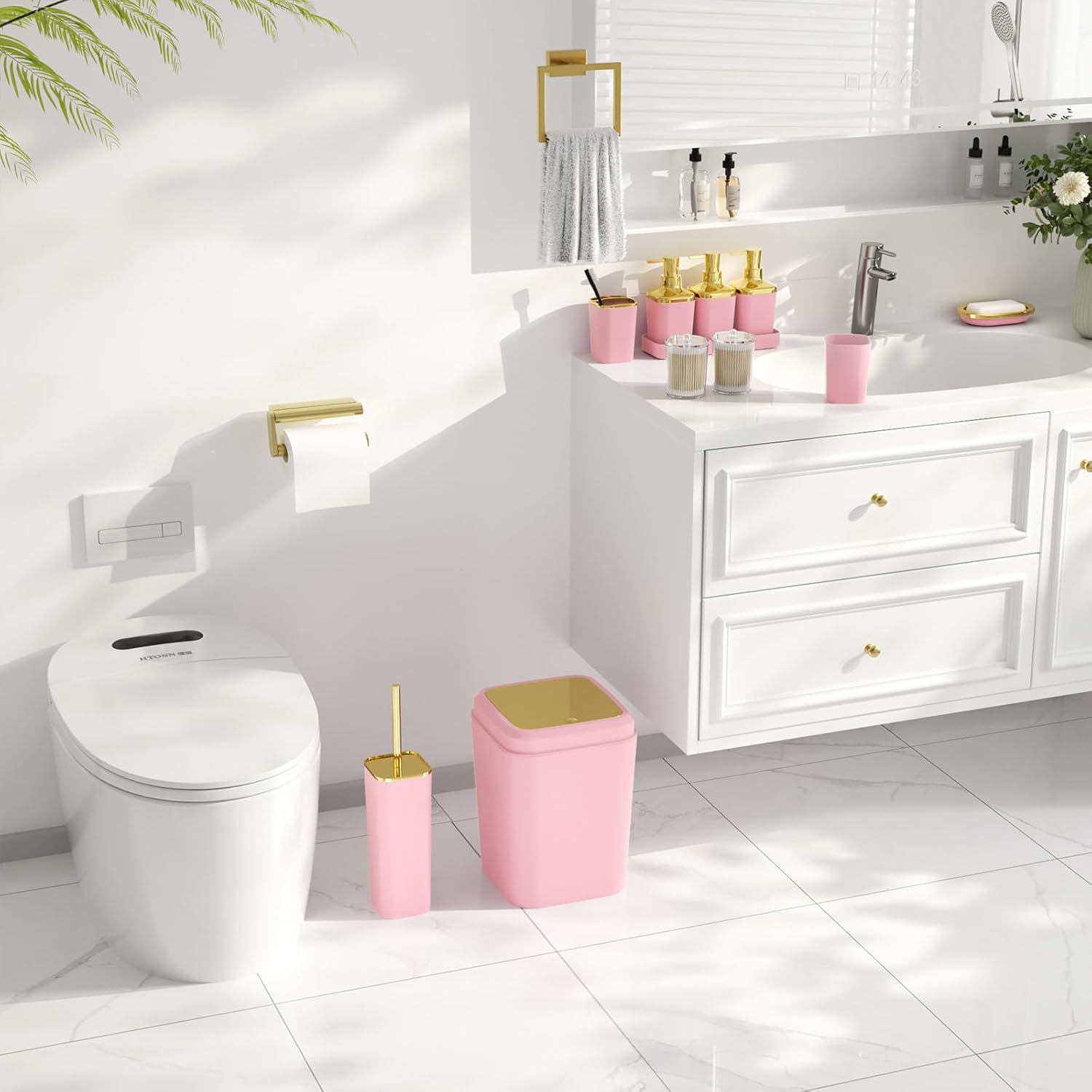 Bathroom Set - Bathroom Sets with Shower Curtain and Rugs, Bathroom Accessory Set, Pink Bathroom Accessories Set with Trash Can, Toilet Brush and Soap Dispensers