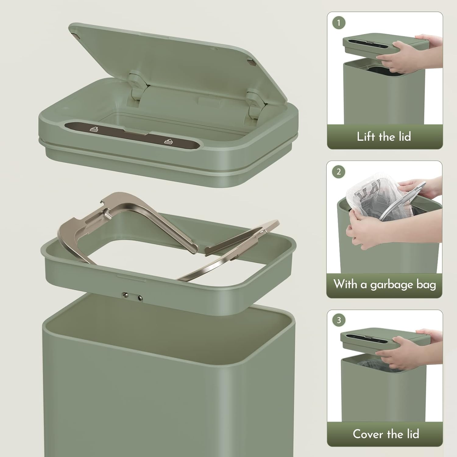ELPHECO Stainless Steel Office Trash Can Motion Sensor Garbage Can Touchless Smart Trash Can Automatic Waste Bin for Kitchen, Office, Bathroom (Avocado Green, 6.6 Gallons), 2AA