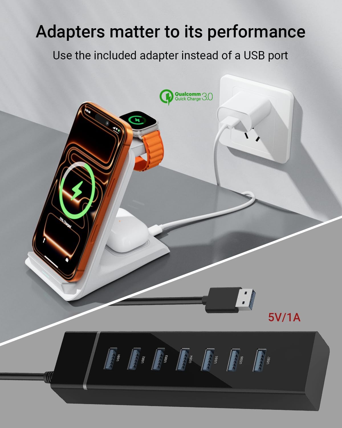 Wireless Charger for Thick Cases of 10MM/Otterbox/for Popsocket, 3 in 1 Charging Dock for iPhone 17 16 15 14 13 Pro Max, Charging Station for Multiple Devices for Apple Watch/AirPods