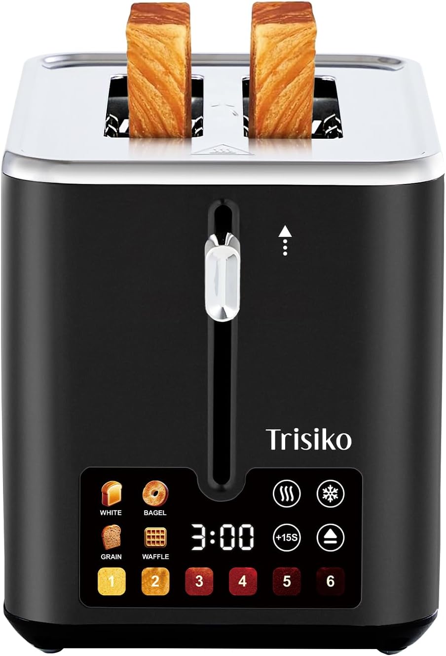 Trisiko® Touch Screen Toaster 2 Slice,Smart Toaster with Digital Timer, 1.38" Extra-Wide Slots for Bread& Bagel,with Reheat, Defrost, Cancel, +15s Boost, Great for Home, Office, Dorm (Black)