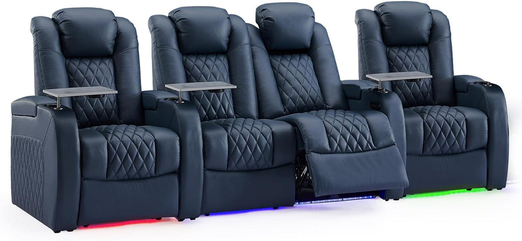 Weilianda Home Theater Seating Top Grain Leather Zero Gravity Recliner Chair Power Headrest Recline Movie Seat Gaming 7 Colors Mood Light Sofa with Tray Table USB Charge Row of 4 Loveseat Middle Blue