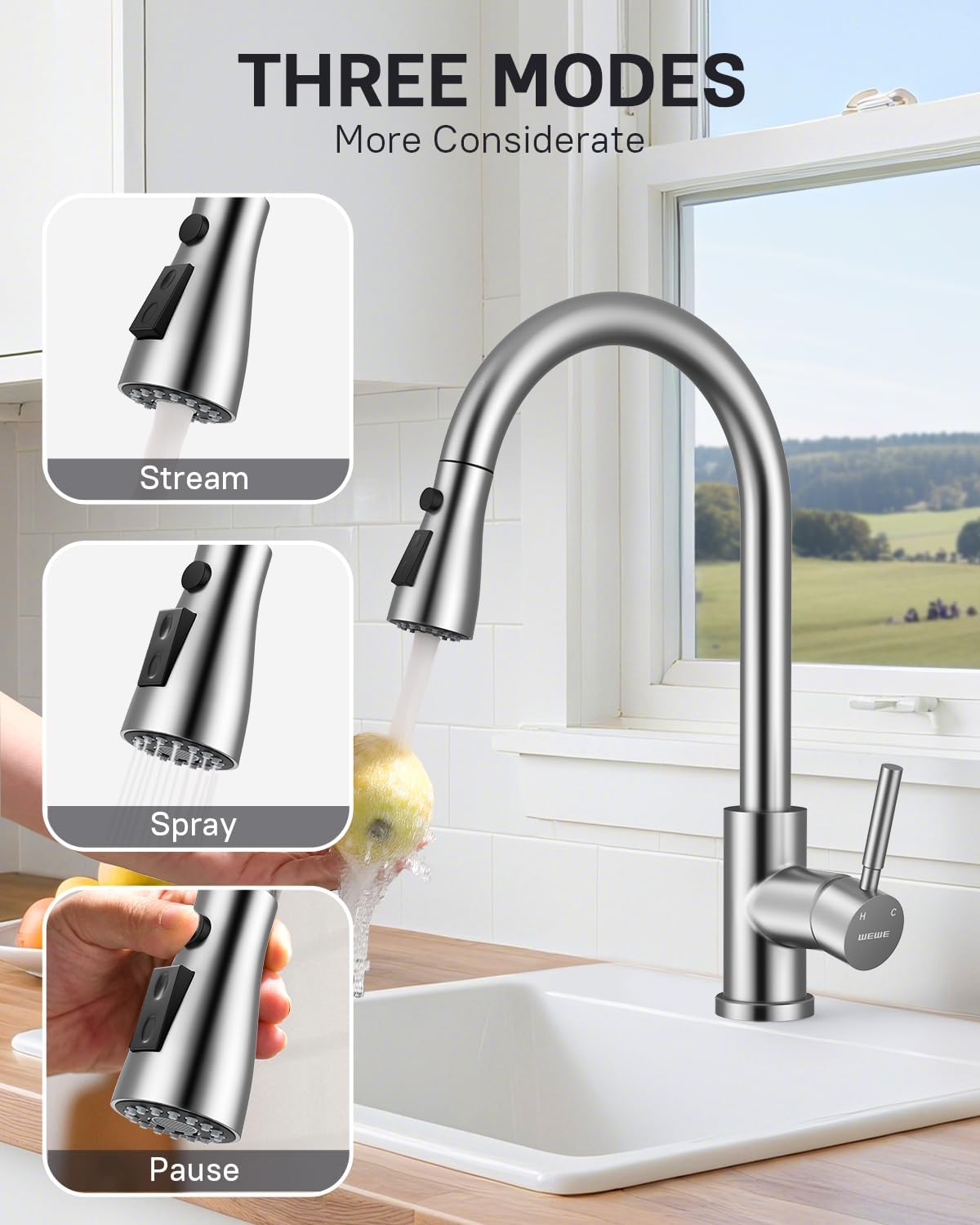 WEWE Kitchen Faucets with Pull Down Sprayer, Stainless Steel Single Handle 1 Hole for Family Kitchen Commercial Camper Laundry Rv Bar, Leak-Proof Brushed Nickel Bar Sink Faucet