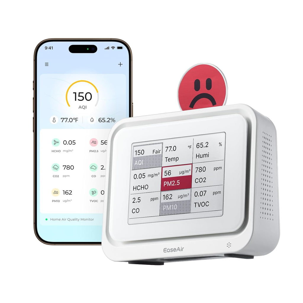 Air Quality Monitor Indoor, Portable Tester for CO2, CO, PM2.5, PM10, HCHO, TVOC, Temp & Humi, E-Ink Display with 3-Color Emoji Indicators, WiFi App Control, Air Quality Meter for Home/Office