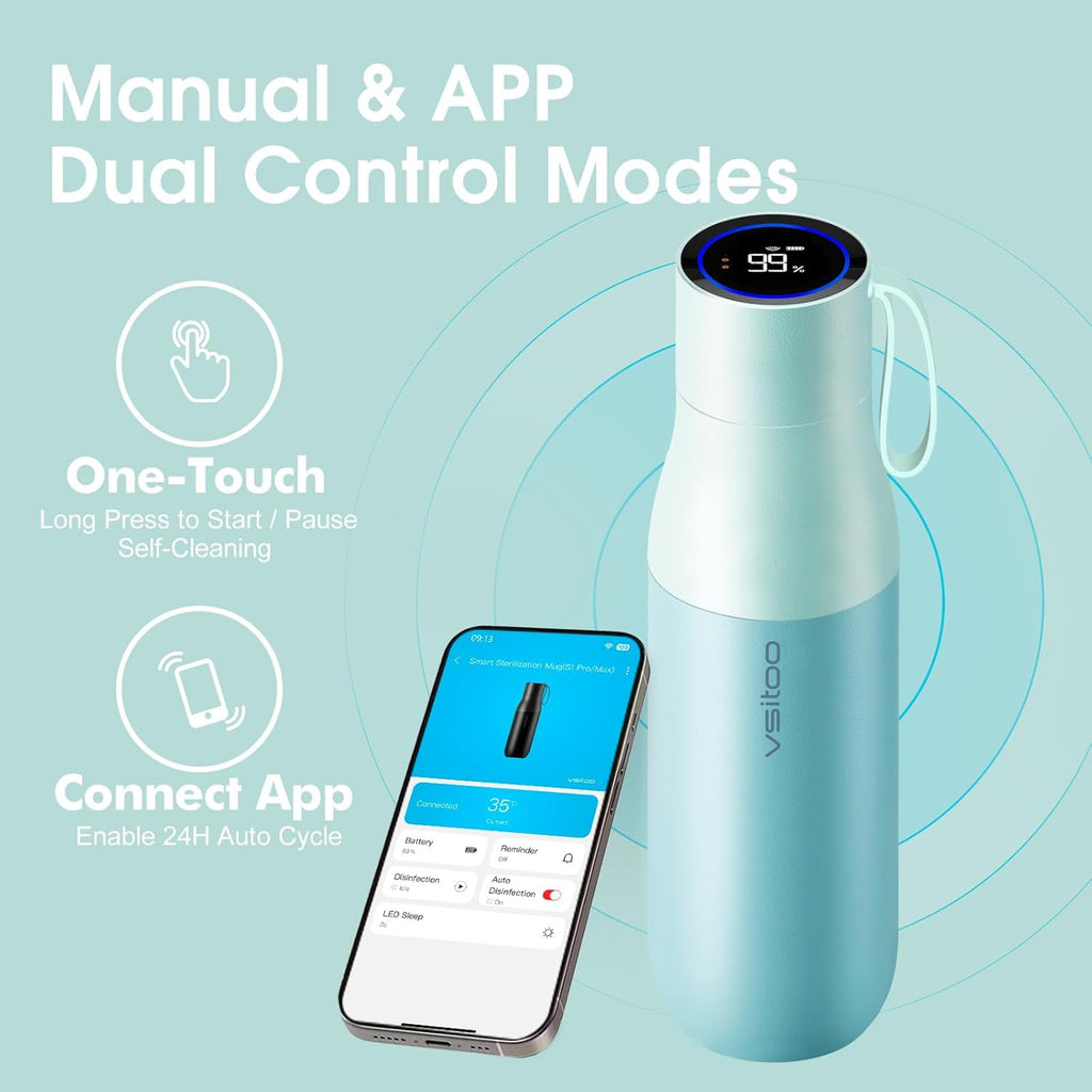 VSITOO 15oz Smart Self Cleaning Water Bottle，Insulated Water Bottle with Stainless Steel, BPA-Free, AI Self-Clean, 30-Day Battery, Magnetic Charging for Travel, Gym or Office, Blue