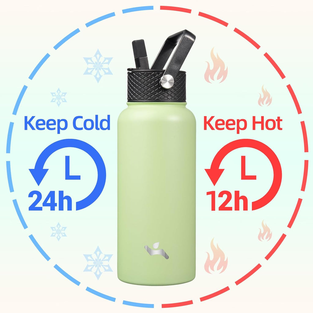 32 oz Insulated Water Bottle Stainless Steel Sport Bottles with 3 Lids,Macaron Green
