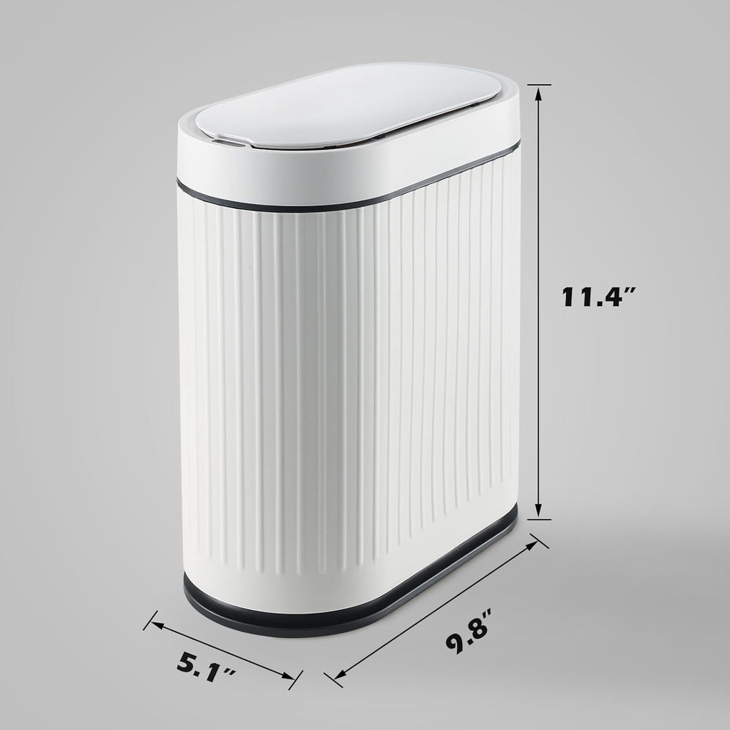 ELPHECO Bathroom Trash Can with Lid 2 Gallon Motion Sensor Garbage Can 7.5 Liter Small Trash can Touchless Bathroom Decor Waterproof Smart Waste Bin with Stripes for Bedroom, Office (White-Black)
