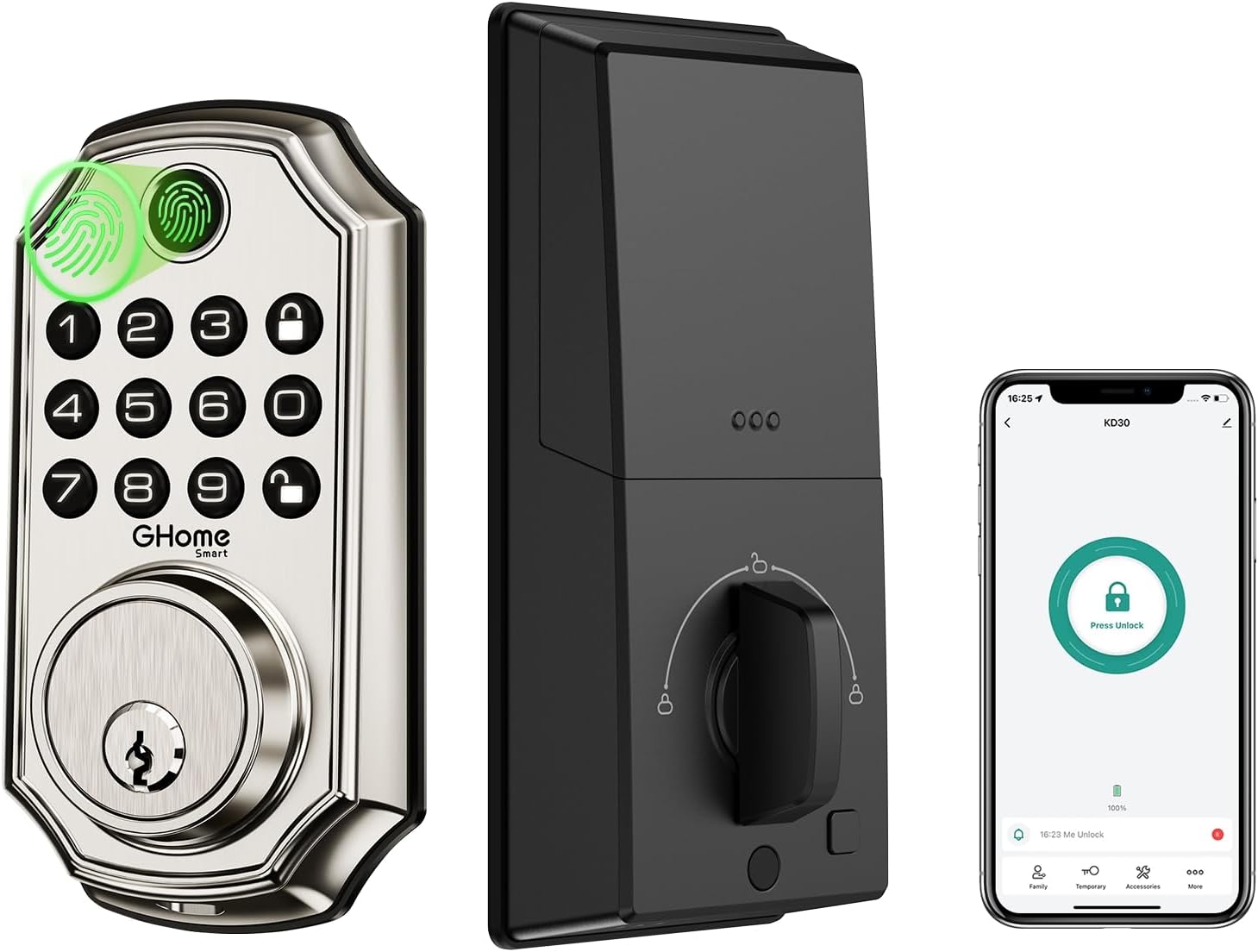 GHome Smart Door Lock KD30, Fingerprint Smart Deadbolt for Front Door, 5 in 1 Keyless Entry Door Lock, App Control, Auto Lock, 0.3s Unlock, Easy Install, for Home/Apartment/Office