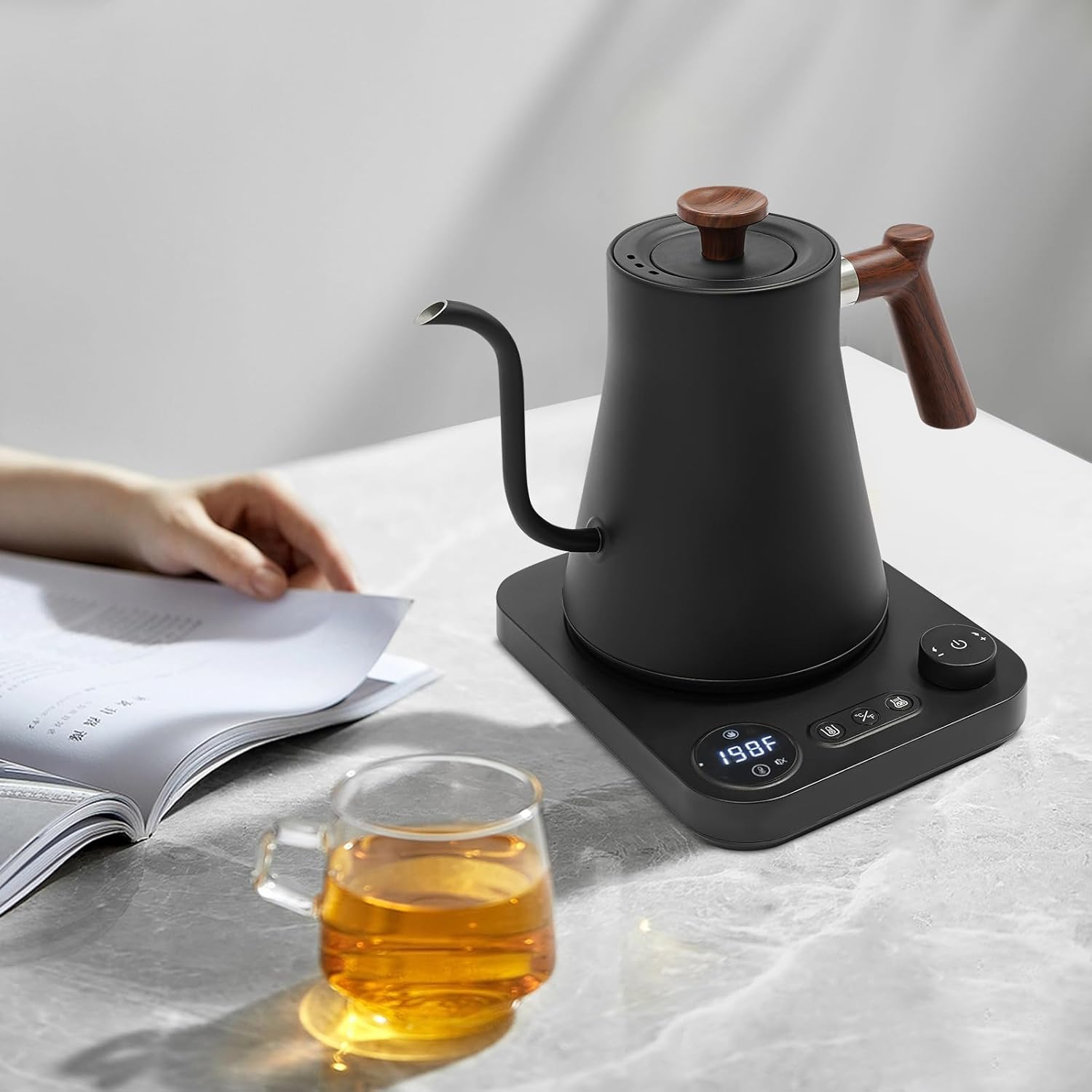 0.9L Gooseneck Electric Kettle 1200W, ±1°F Precise Temp Control & 24H Keep Warm | Pour-Over Coffee & Tea Kettle with LCD Timer, 110V for Home Office (Black)