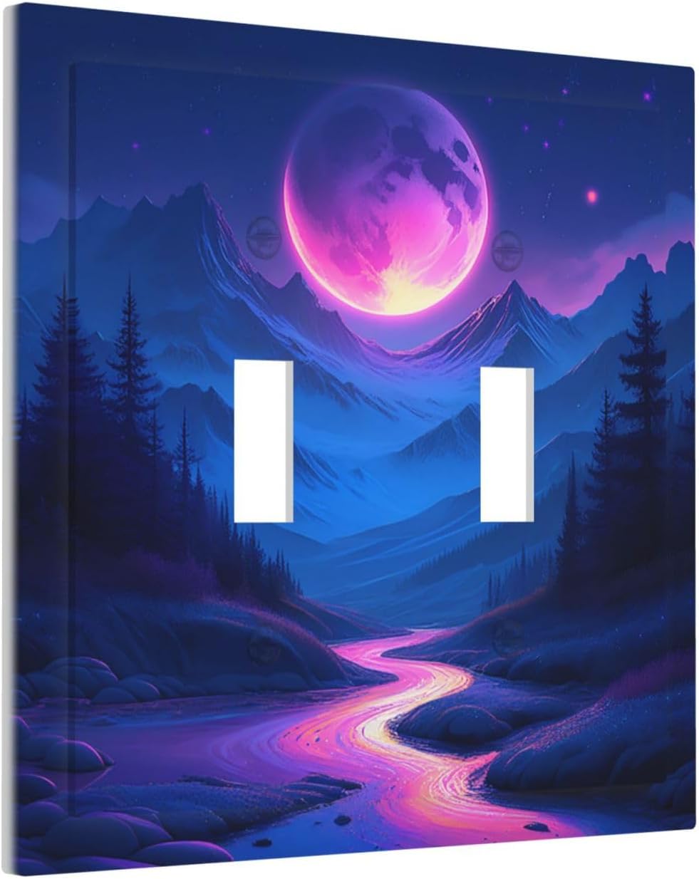 Purple Cyberpunk River Full Moon Mountain Forest Decorative Switch Plates 2 Gang Double Toggle Outlet Light Switch Cover Wall Plate Electrical Faceplate for Bedroom Bathroom Decor