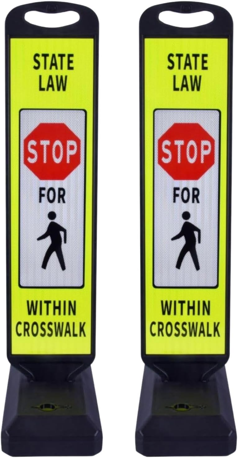Pedestrian Crosswalk Sign with Heavy Weighted Water-Filled Base - 2 Sets, Reflective Safety Traffic Sign for Sidewalks, Parking Lots, and Roadways, Durable and Portable