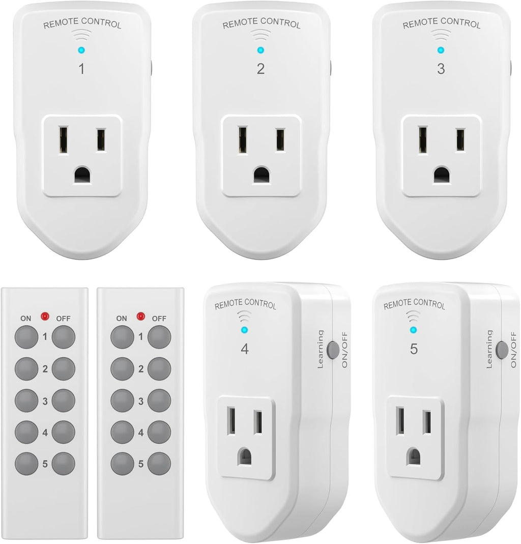 BN-LINK Wireless Remote Control Outlet Electrical Switch for Lights, Fans, Christmas Lights, Small Appliance, 100ft Long Range White (Learning Code, 5Rx-2Tx) 1200W/10A, ETL & FCC Certified