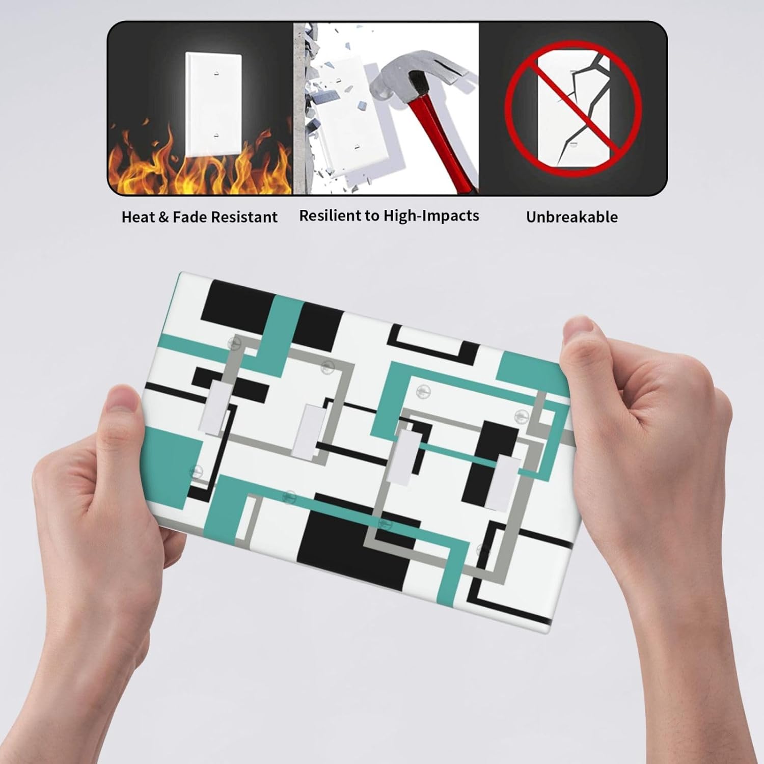 Geometric Turquoise Black Gray Modern Abstract Boho Light Switch Covers Quad Toggle Electrical Faceplate 4 Gang Wall Plate Decorative Switch Plates Cover for Office Nursery Decor