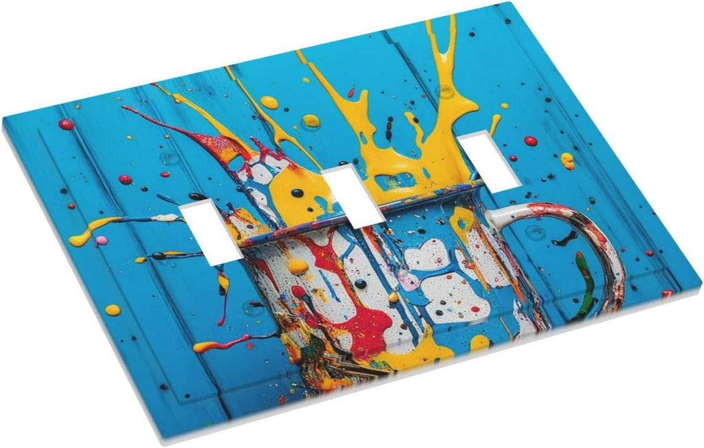 Decorative Light Switch Cover Plate Colorful Paint Splatters Blue Wood Plank 3 Gang Wall Plate Oversized Triple Toggle Switch Cover Plate Jumbo Faceplate for Bedroom Decor