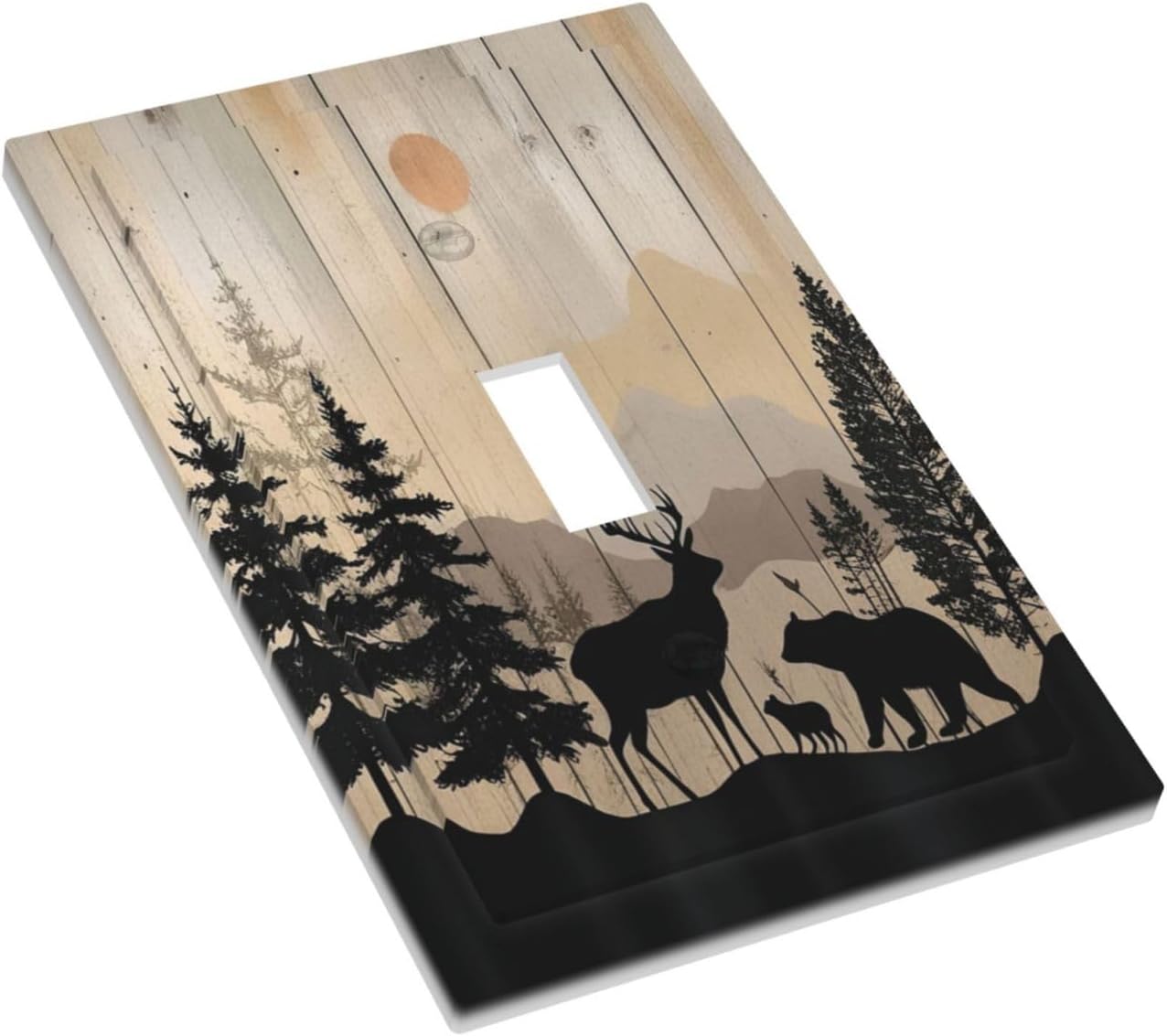 Decorative Light Switch Cover Wood Board Wildlife Cute Bear Deer Forest Rustic 1 Gang Single Toggle Device Electrical Faceplate Switchplates Decorator Outlet Wall Plate for Bathroom