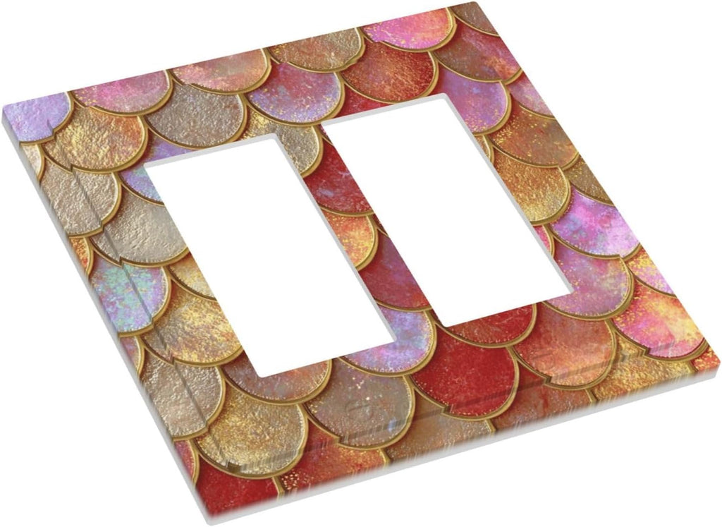 Mermaid Glitter Scale Rainbow Gold Fish Scales Decorative Outlet Covers 2 Gang Double GFCI Rocker Electrical Wall Panels Light Switch Cover Plate for Bed Room Home Decor