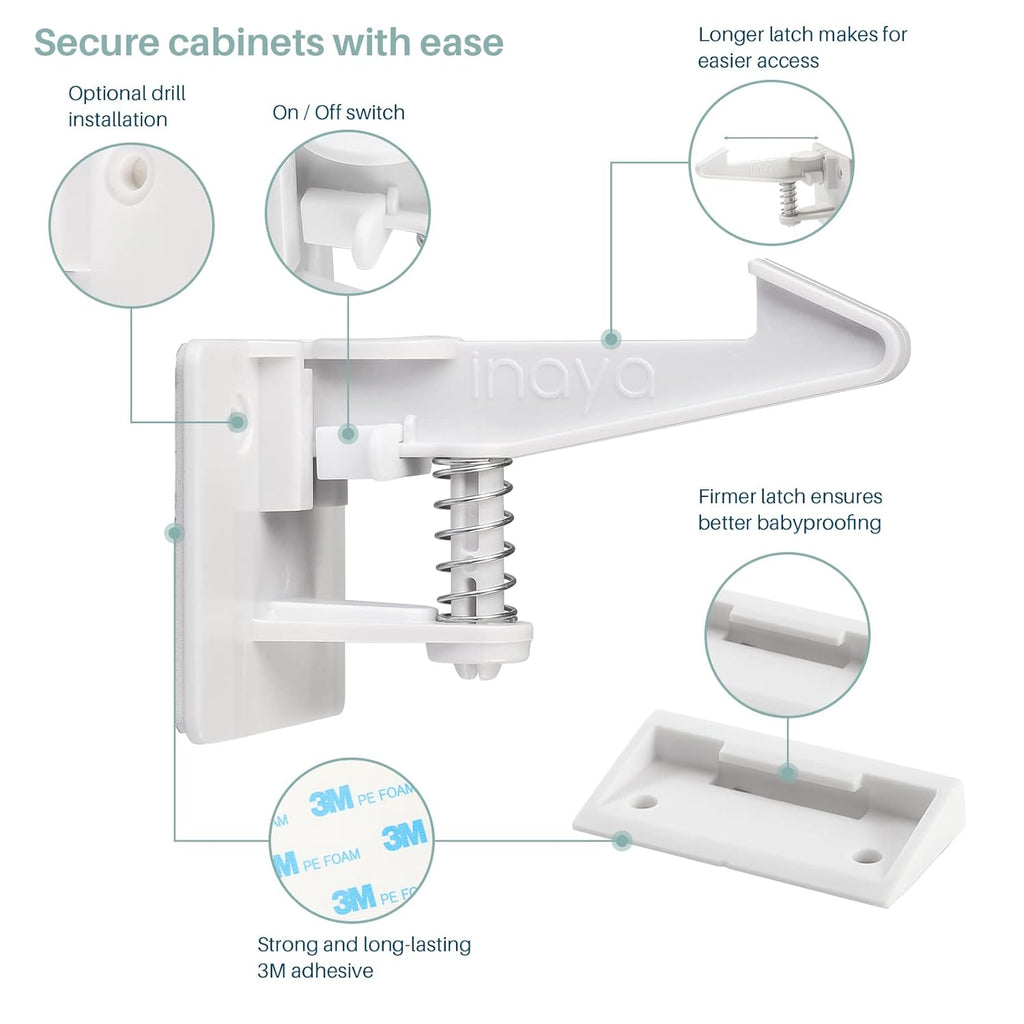 Inaya Cabinet Locks Child Safety Latches - Baby Proofing Cabinets & Drawers Locks - Child Proof Your Home - No Drilling & No Tools Required! (12 Pack - Extended Length Version)