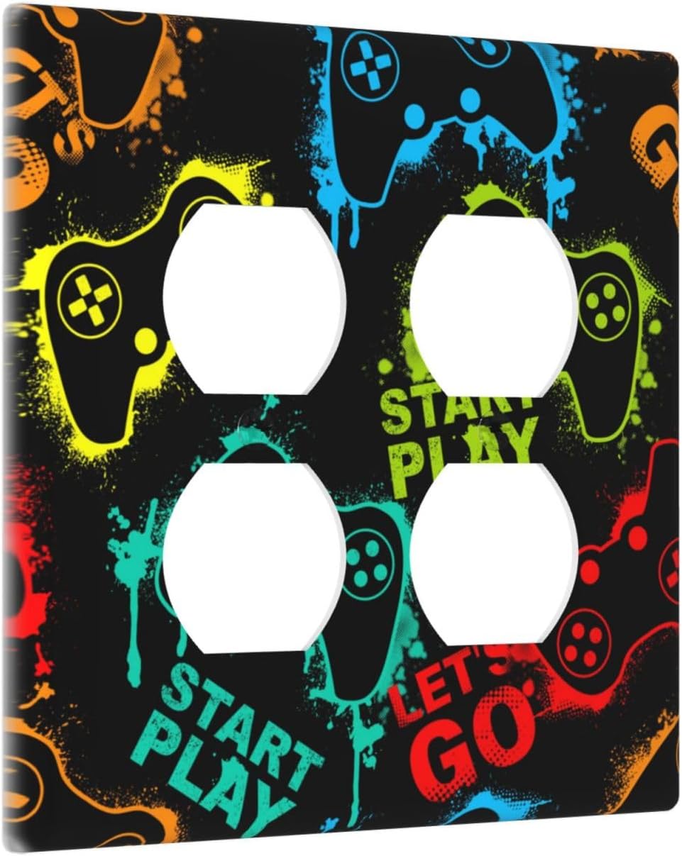 Decorative Outlet Covers Gamepad Theme Graffiti 2 Gang Wall Plate Double Duplex Light Switch Cover Switch Plate Covers Faceplate for Game Room Bedroom Home Decor