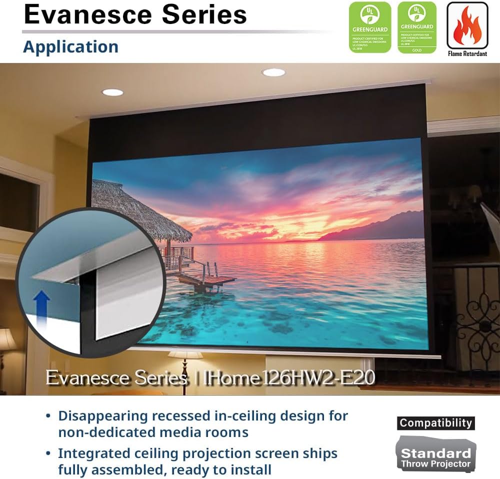 Elite Screens Evanesce, 112" 16:9, Recessed in-Ceiling Motorized Projector Screen and Installation Kit, 8k/4K Ultra HD Ready, Matte White Fiberglass, Reinforced Projection Surface, IHOME112HW2-E16